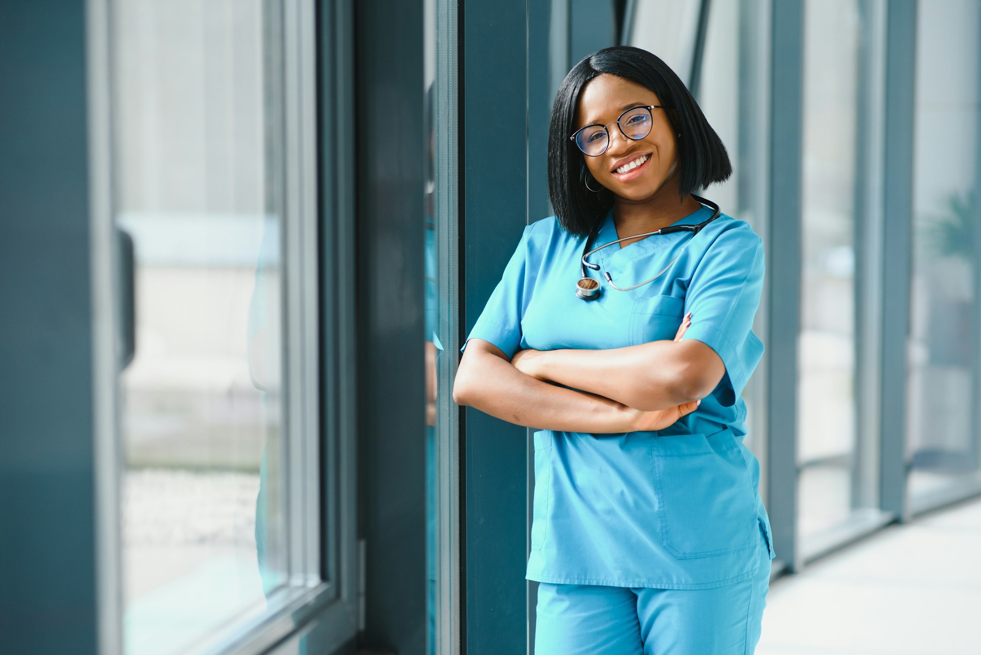 Black nurse isolated at the hospital.